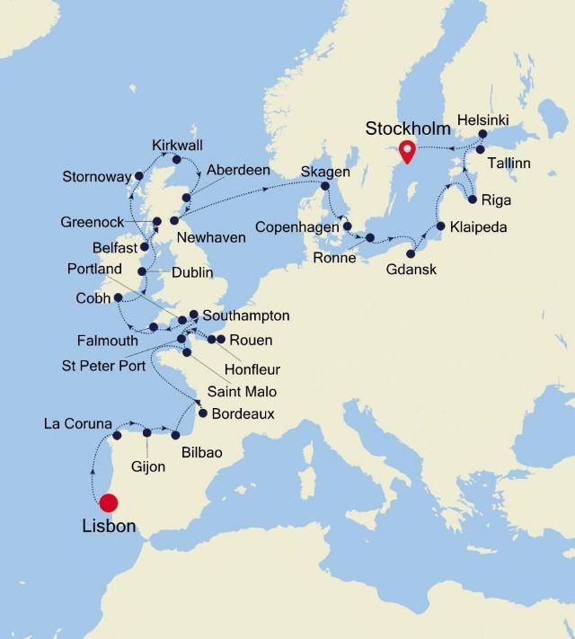 Northern Special Voyage: Lisbon to Stockholm Itinerary Map
